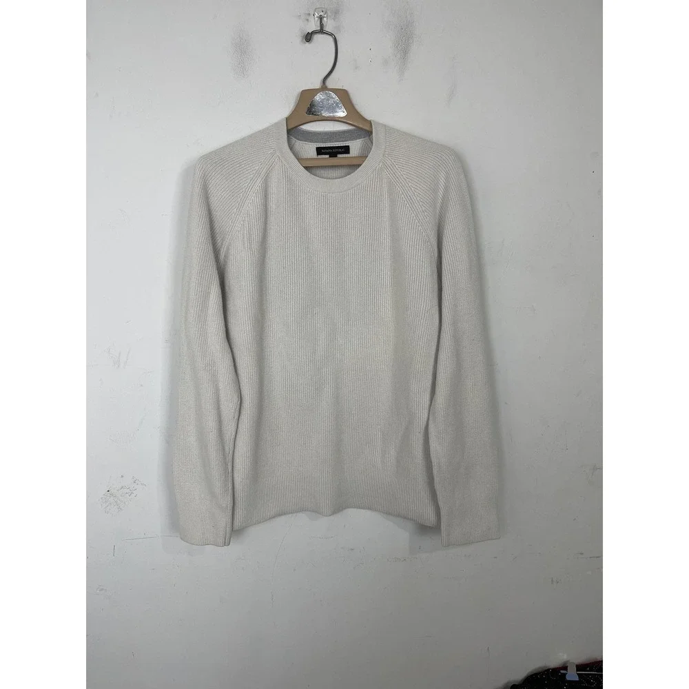 Banana Republic Men Sweater Large Ivory Ribbed Crew Neck Skater Grunge Fisherman
